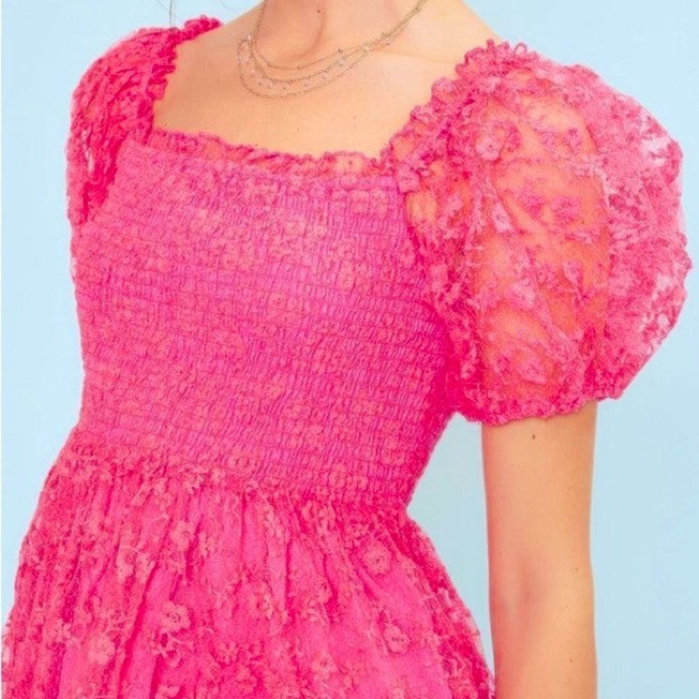 Babydoll Mini Dress Smocking Shirring Fuscia Size Small NWT - Picture 2 of 9